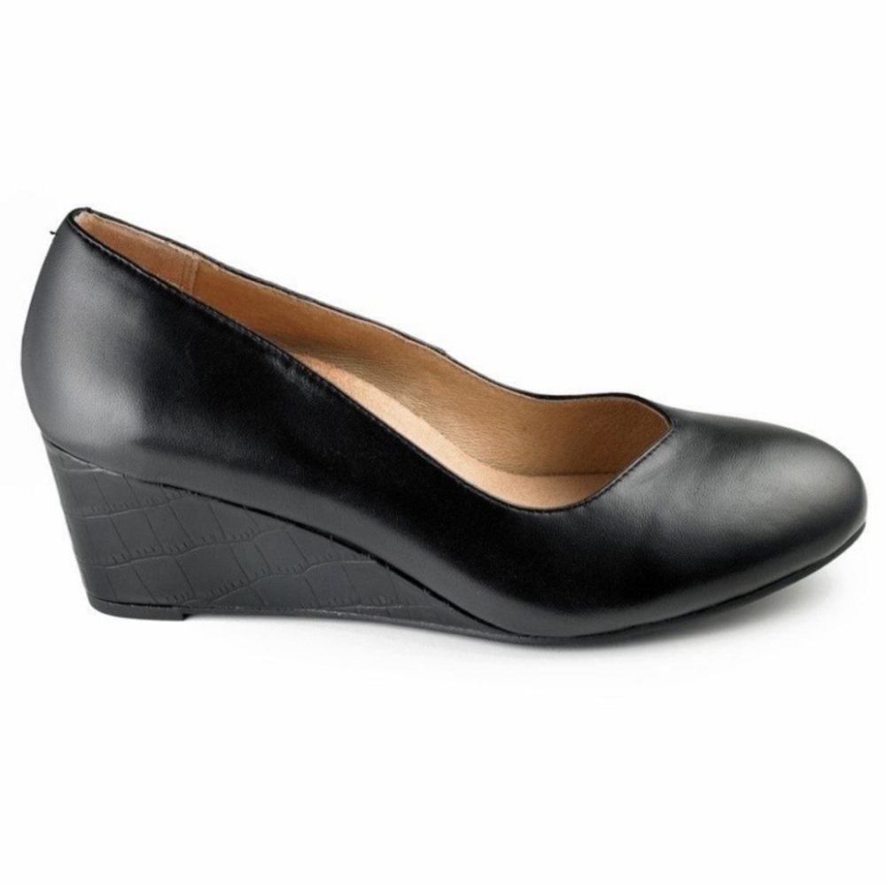 Bionic Antonia Black Leather Croc Embossed Wedge Heel Size 6.5